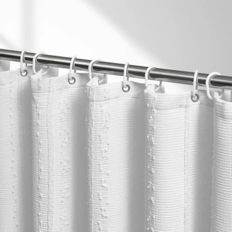 

Extra Long White Shower Curtain Boho, 72 x 84 Cotton Blend Waffle Weave Stripe Textured Heavy Duty, Fabric Shower Curtain for B