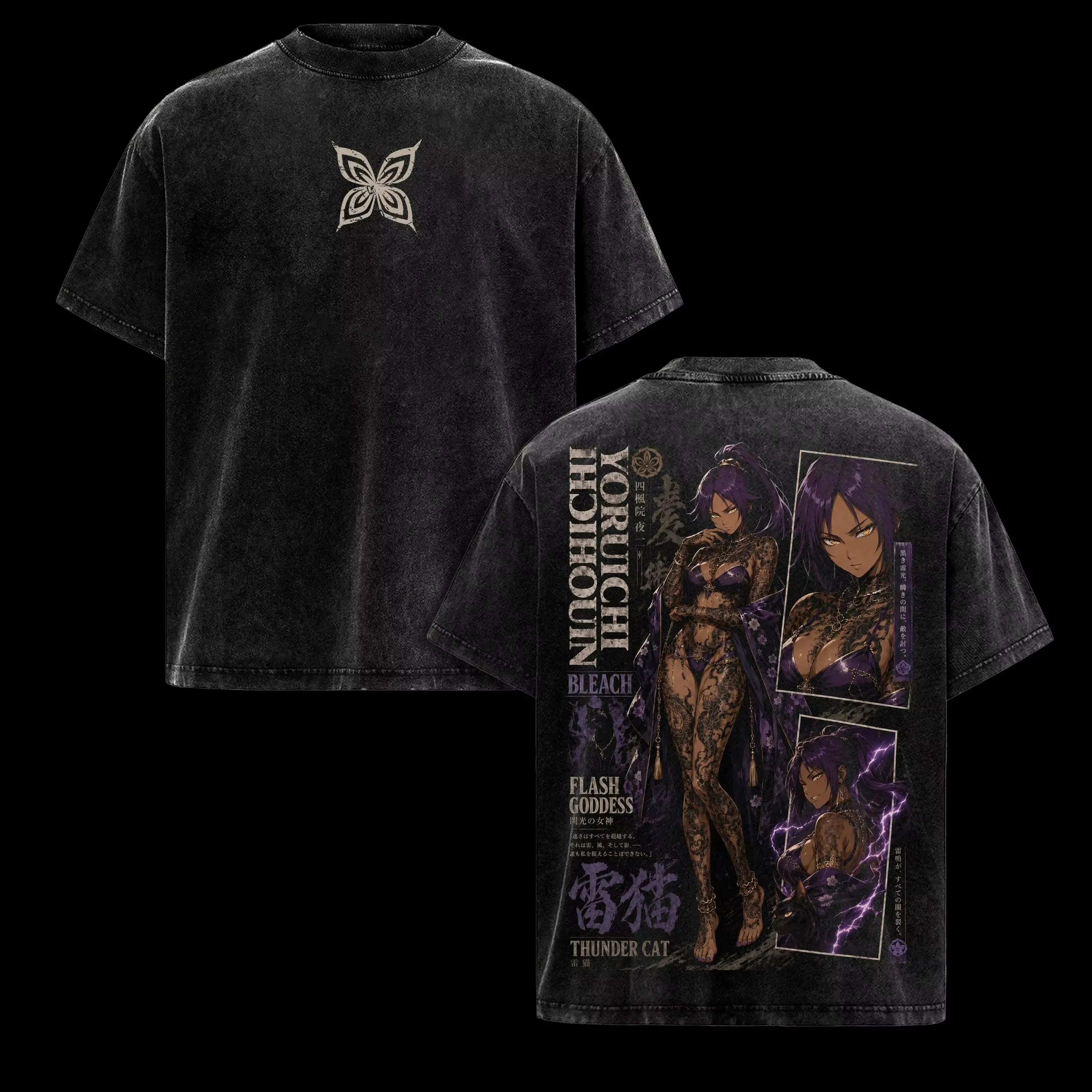 Anime BLEACH Shihouin Yoruichi Washed Cotton T‑shirt Unisex Manga Oversized Harajuku Short Sleeve Streetwear Casual Tops