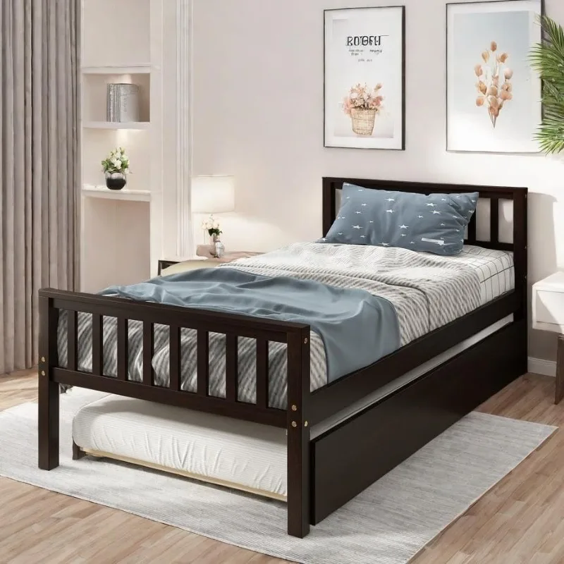 Twin Size Wood Bed with Pull-Out Trundle, for Bedroom, Living Room, No Box Spring Needed, Espresso，home.