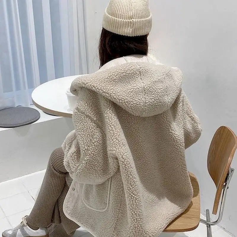 Lamb Wool Hooded Coats Women Spring Autumn Trendy Cardigan Hoodie Jackets Korean Polar Fleece Thicken Loose Short Jacket Woman