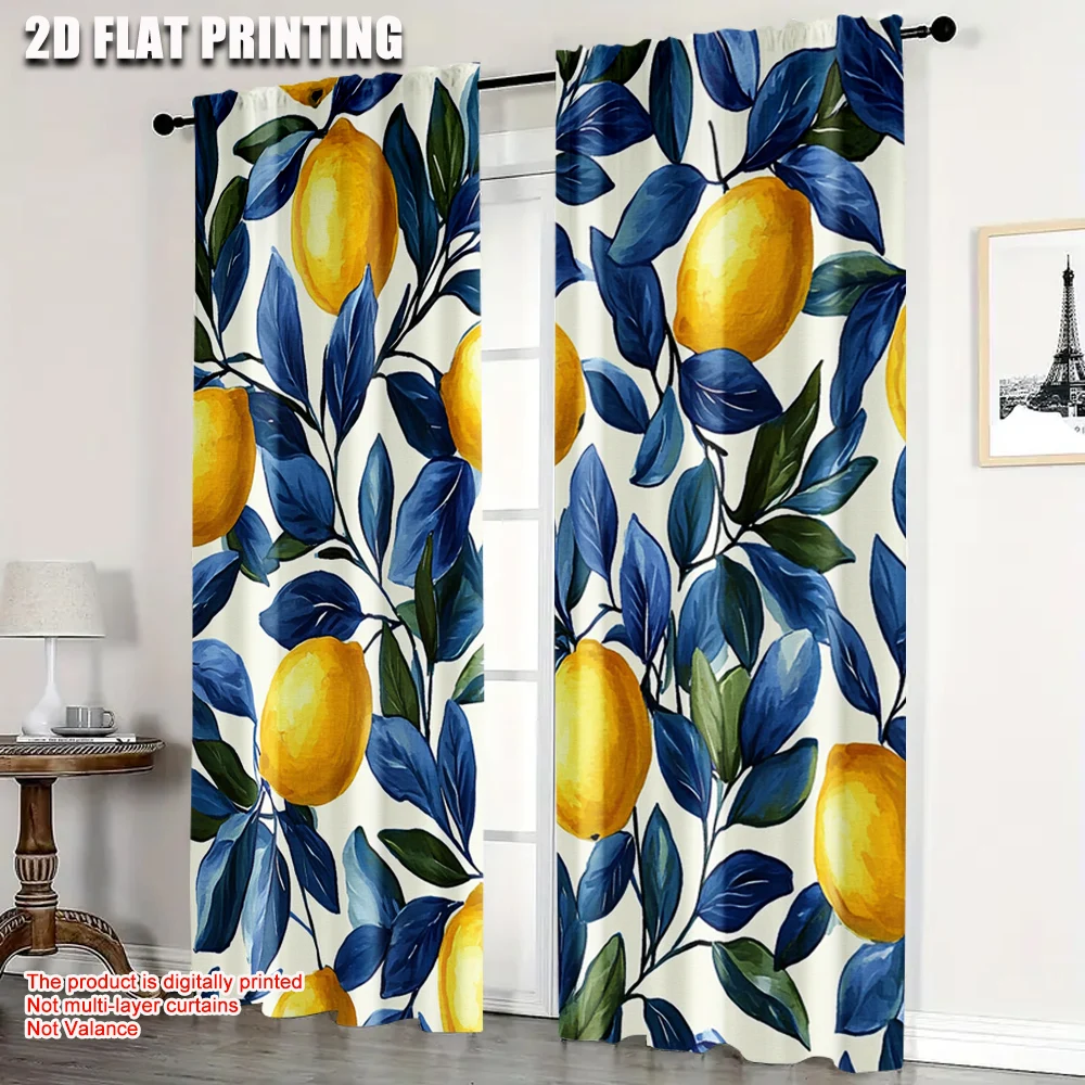 2pcs, Curtain Popular 2D print Lemon and Leaf Versatile Polyester (without rod) Thermal Insulation, and Room Darkening Functions