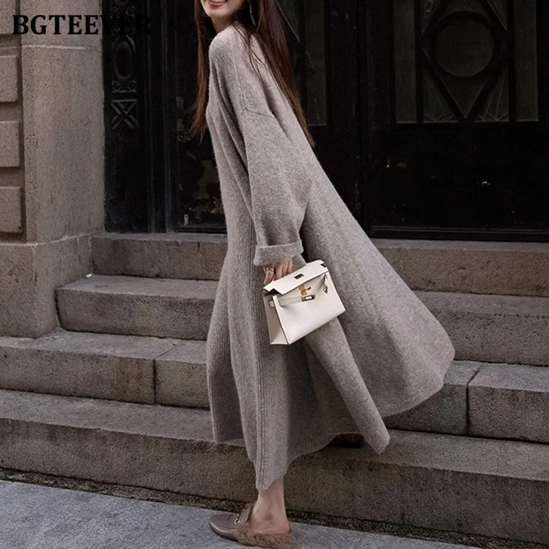 BGTEEVER Autumn Winter Women Knitted Dress Set Long Sleeve Loose Cardigans Sweaters Ladies V-neck Package Hip Dresses