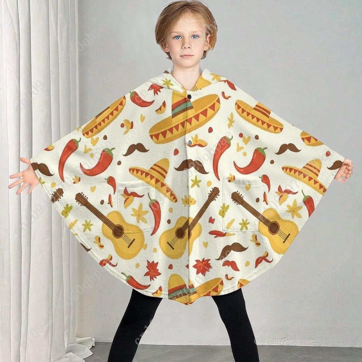 سترة بطانية مريحة من الفلانيل، سترة بغطاء للرأس كبيرة الحجم على شكل جيتار مكسيكي مع جيوب للأطفال والمراهقين #2