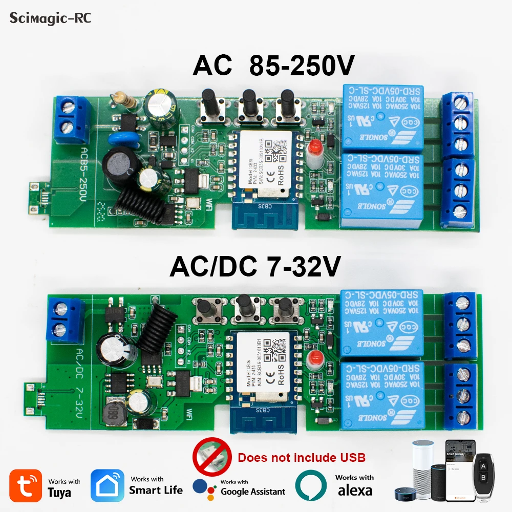 Умный выключатель Alexa Tuya умный дом 2-канальный Wi-Fi Переключатель 220 в 7-32 в 85-250 В 10 А RF433 Дистанционное Реле 2-канального импульсного модуля