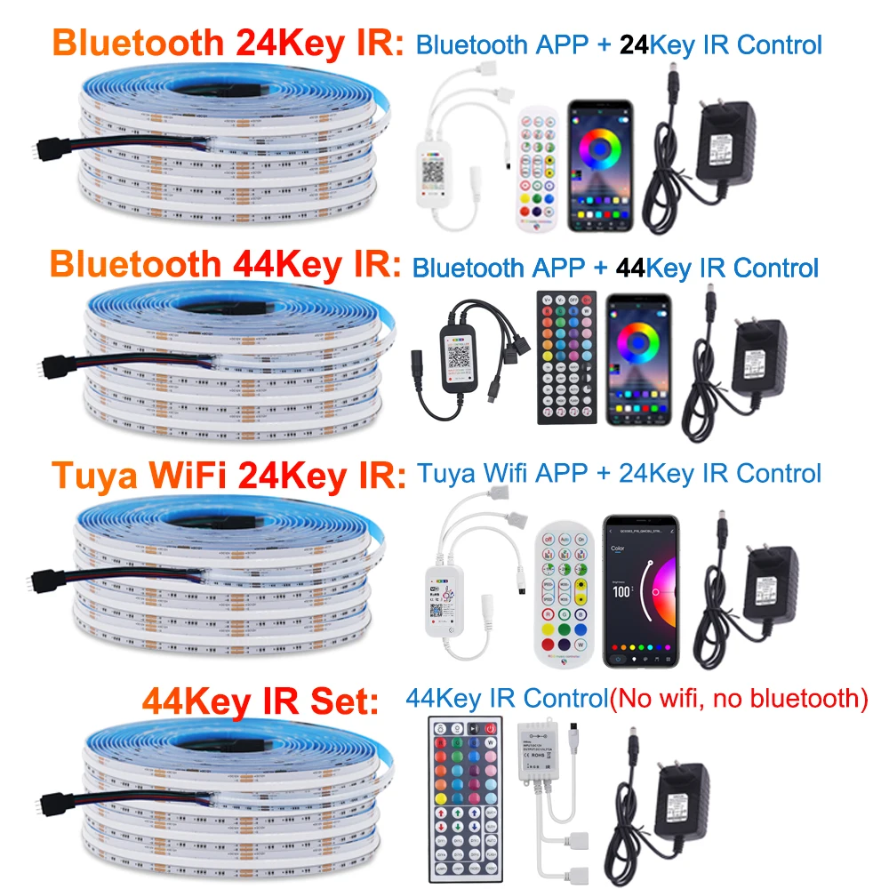 Tuya inteligente wifi rgb cob led fita de luz de tira 840leds/m flexível rgb iluminação linear 12v 24v bluetooth controle app para decoração do quarto
