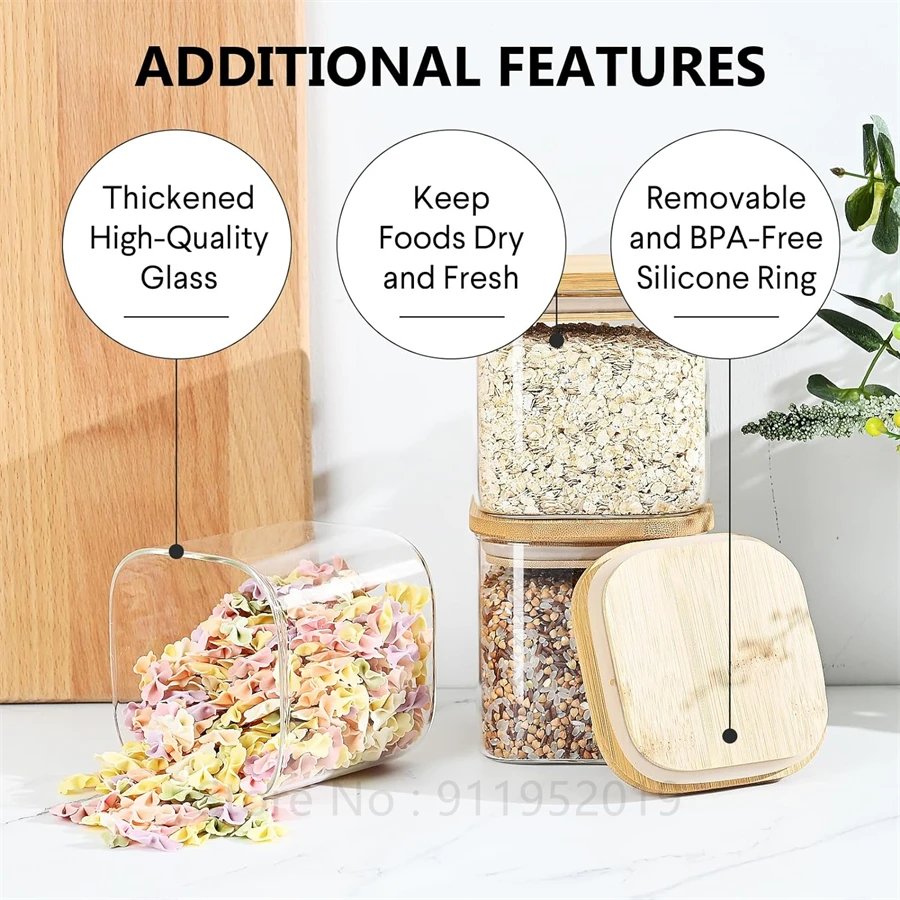 Glass Food Storage Jars with Bamboo Lids,Clear Square Airtight Kitchen Storage Container,Stackable Glass Pantry Food Canisters