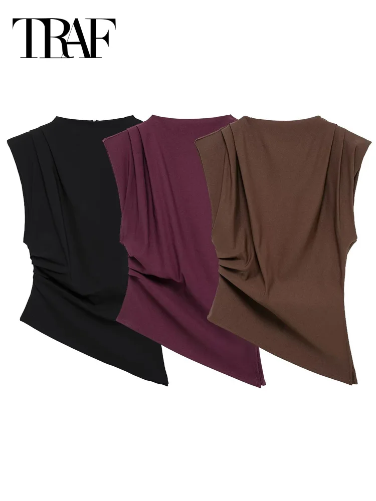 TRAF 2025 Women Top Ruffled Asymmetric Tops For Women Tanks & Camis Ruched Sleeveless Tops Vest Burgundy Brown Black Tank Tops