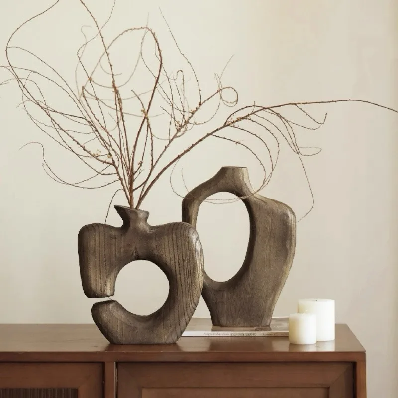 

Wabi Sabi Style Distressed Wood Vase Artistic Dried Flower Arrangement Holder Zen Living Room Decor Natural Tabletop Centerpiece