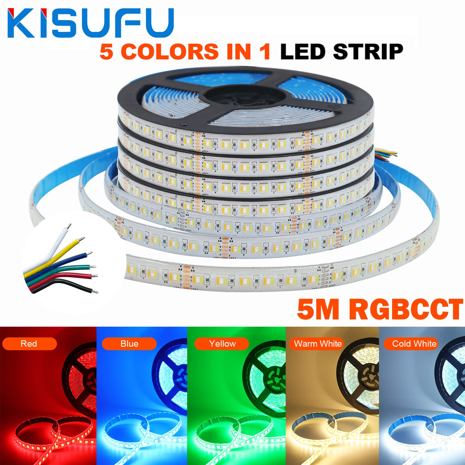 

5 Colors In 1 Chip RGBCCT COB LED Strip DC12V 24V 5M SMD 5050 60 96LEDs/M Flexible Adhesive Ribbon Tape IP21/IP67 for Home Decor