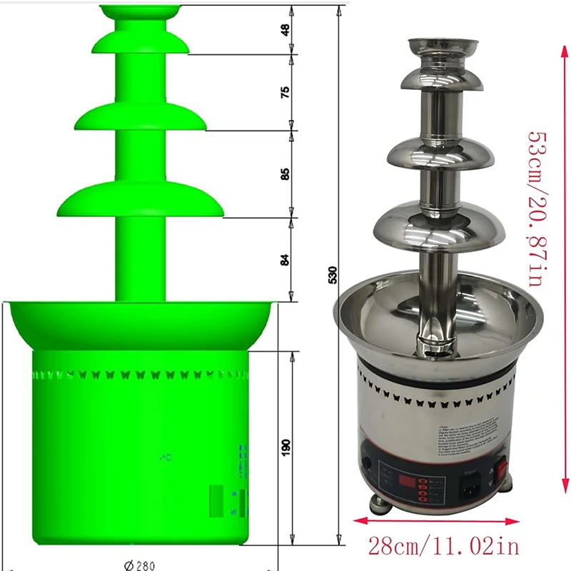 เครื่องทำน้ำพุช็อกโกแลตแบบ 4 ชั้น 110V สแตนเลสสตีล พร้อมระบบทำความร้อนไฟฟ้า สำหรับงานวันเกิด
