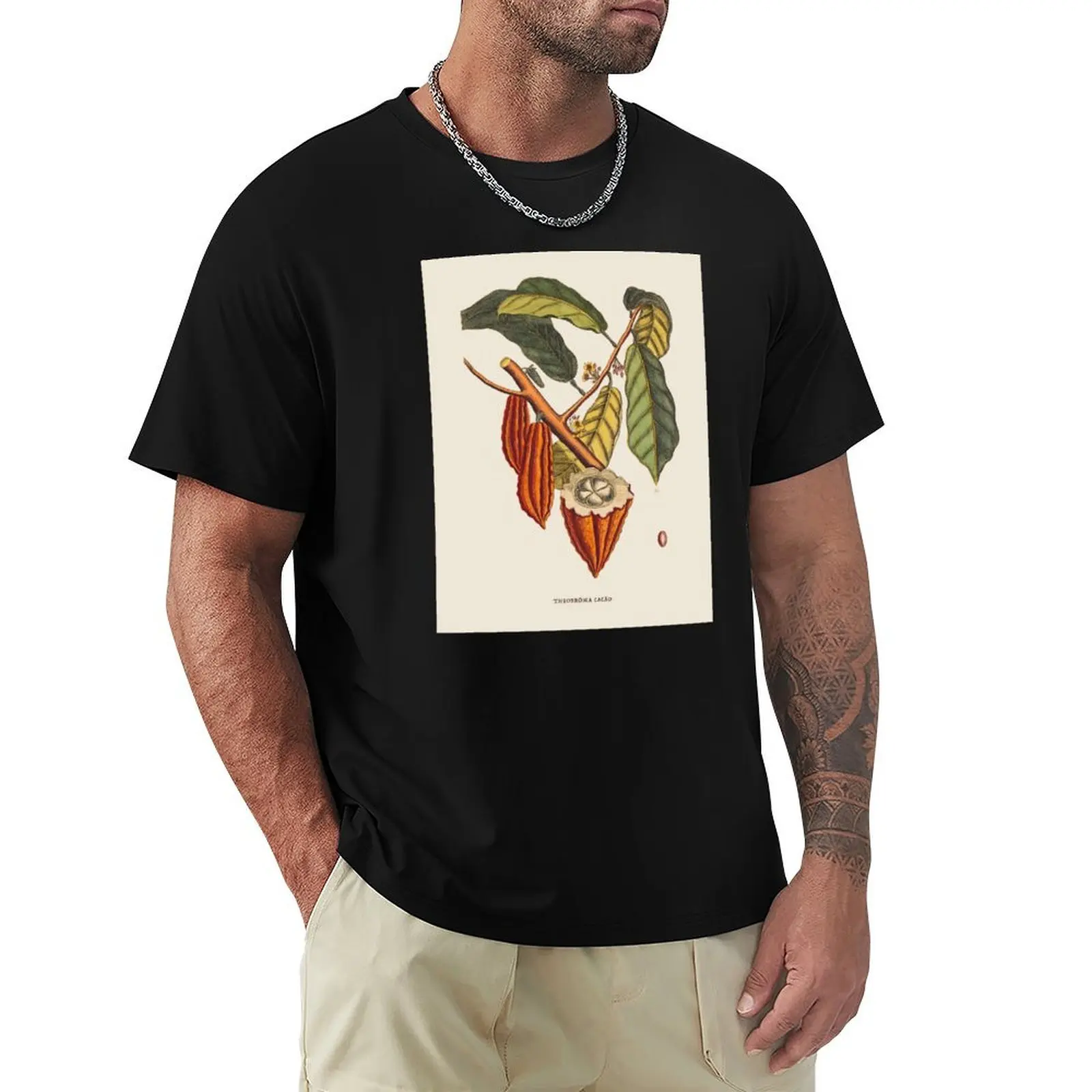 Cacao Tree Antique Botanical Illustration T-Shirt Minimalist Casual Short Sleeve Top