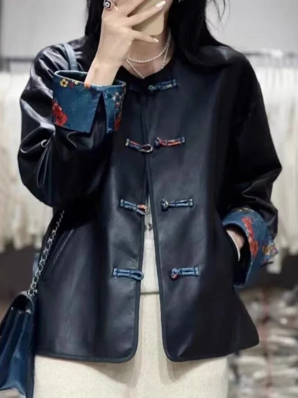 

Extra Large 300 Pou New Chinese Sle Buttoned Leather Jaet Loose round Ne Men's Spring Autumn Casual Faion eepskin