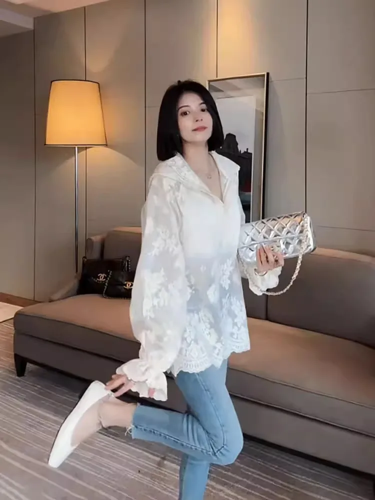 French Style Women Lace Long Sleeve Hooded Blouse Tops Mid Long Floral Crochet See-Through Blouses Vintage Casual Beach Shirts