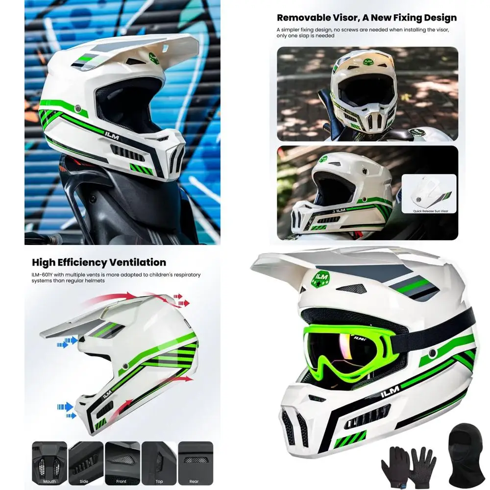 

Youth Dirt Bike Helmet with Goggles, Gloves & Mask for ATV, BMX, Off-Road Riding - DOT Certified, Spacewalk Green, Youth-Large
