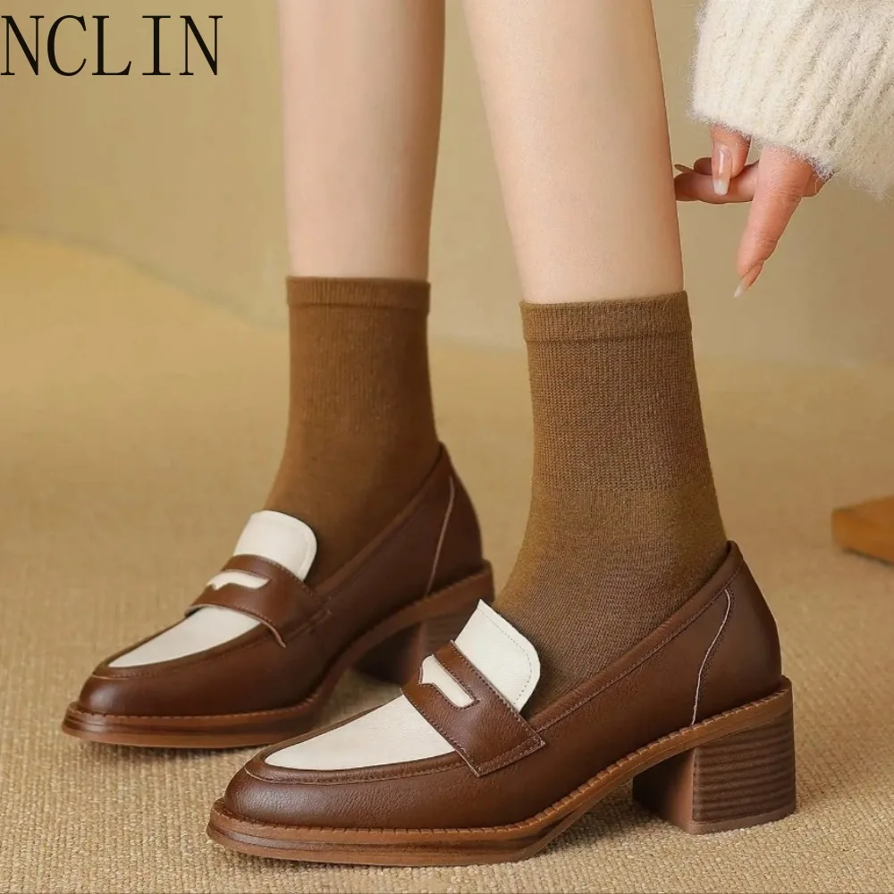 Cow Leather Thick Med Heels Mixed Color Spring Vintage Design Round Toe Slip On Round Toe Daily Wear Women Pumps