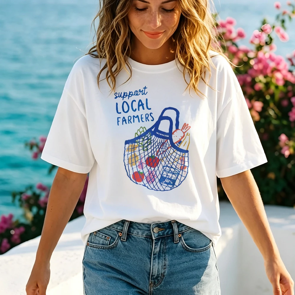 Cute Fruit Y2K European Summer Vegetable Farmer Cotton T-Shirt for Women Crew Neck Short Sleeve Blue Handles Cartoon Tops Rabbit