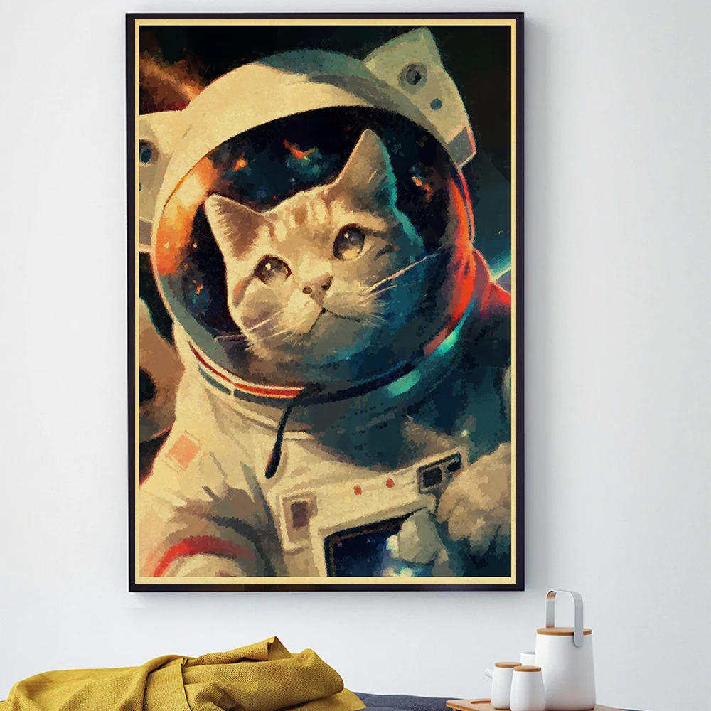 رائد الفضاء القط مضحك المشارك Vintage جدار الرسم البياني يطبع و الملصقات المنزل المعيشة غرفة نوم ديكور الفن بار مقهى فرملس جدار اللوحة