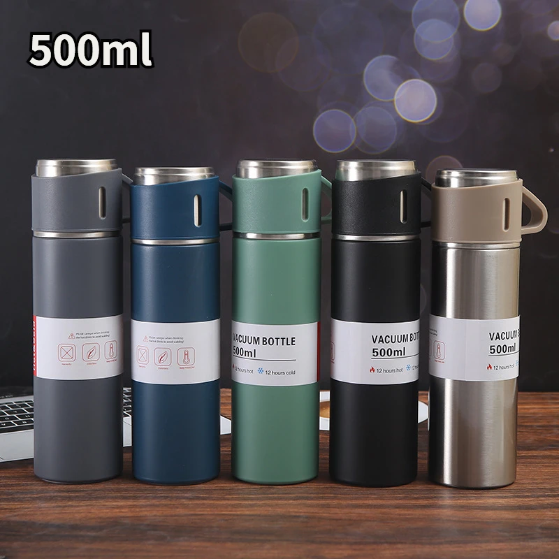 

304 Stainless Steel Vacuum Insulated Bottle 3 cup lids Gift Set Business Style Coffee Mug Thermos Bottle Portable Flask Carafe