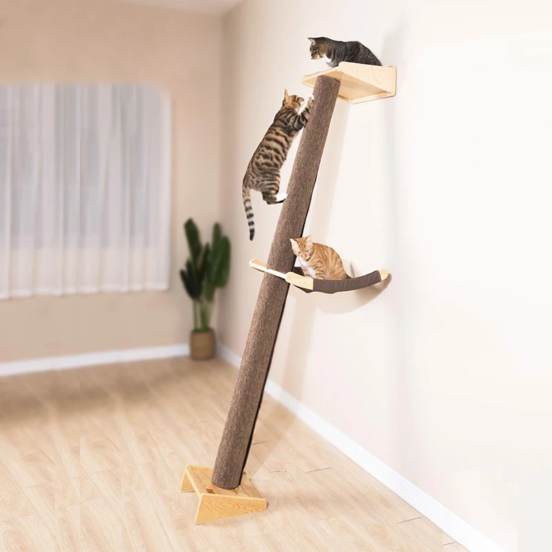 Wall-Mounted Carpet Cat Tree Tower With Grab Post 70-Degree Angle Hammock Habitat With Cat Bed No Drilling Needed