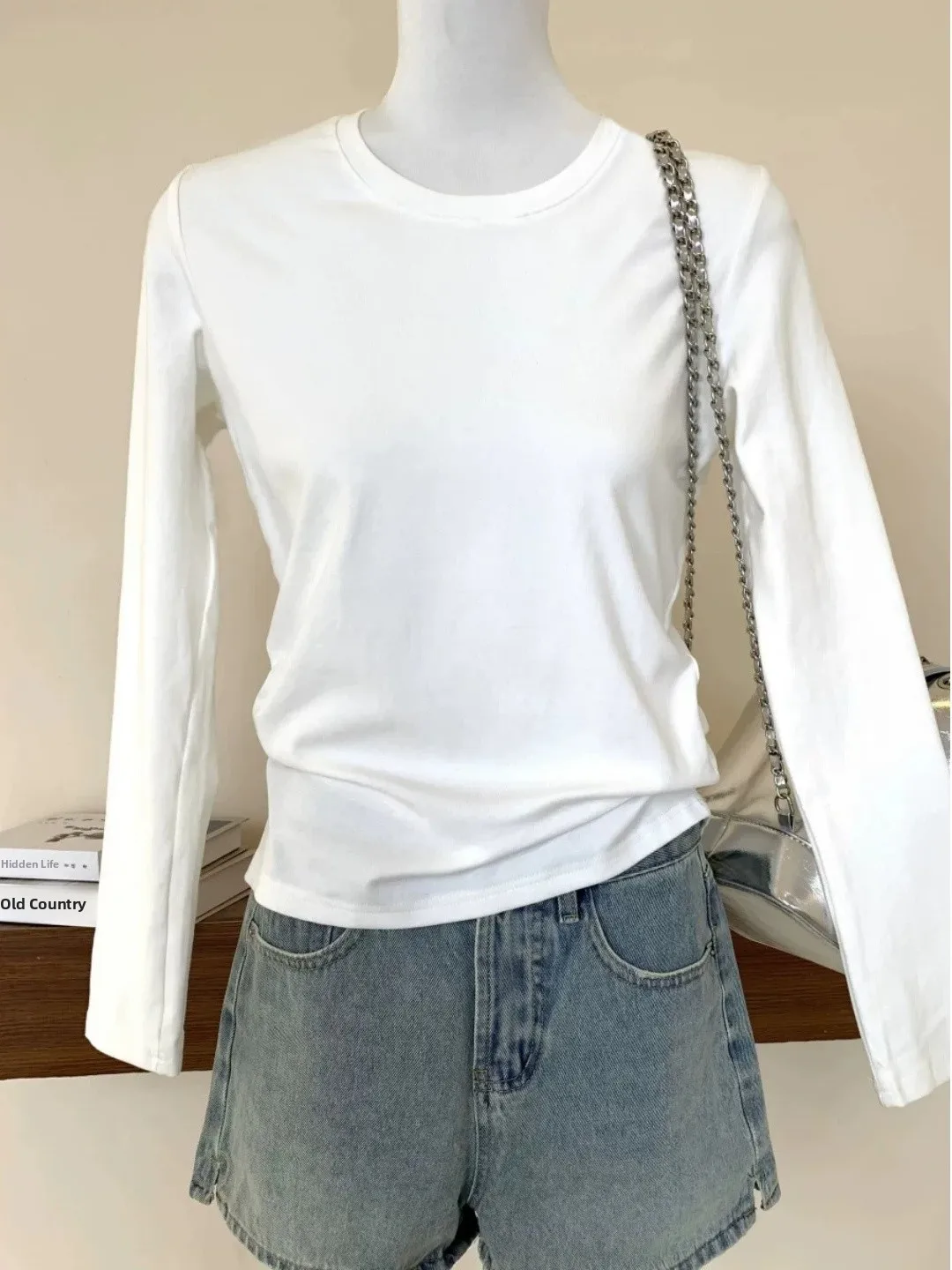 White Basic Loose round Neck Long Sleeve T-Shirt Women's Autumn Winter Slim Fit Short Size Base Shirt Top Korean Style Commute