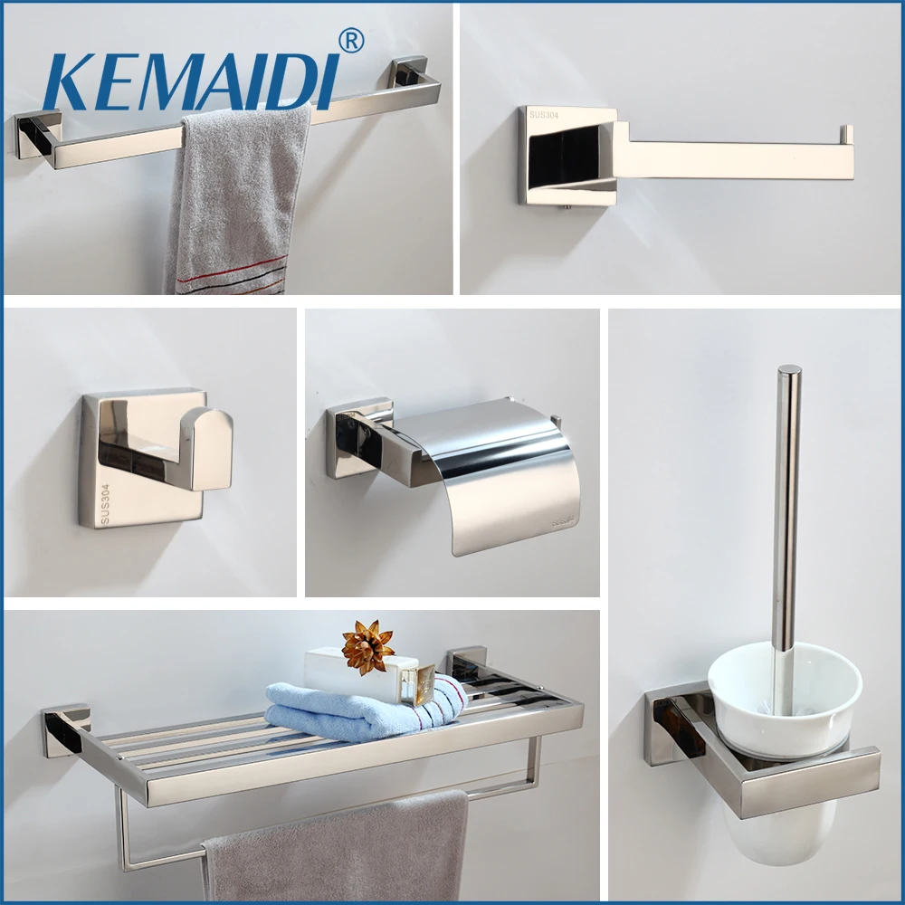 KEMAIDI Chrome Polish Bathroom Hardware Accessories Set 304 Stainless Steel Toilet Paper Toilet Brush Wall Mounted Combo Kit