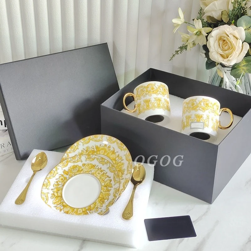 

Bone China Coffee Cup & Saucer Set with Small Yellow Flowers European - Style Vintage for Afternoon Tea Ideal Gift
