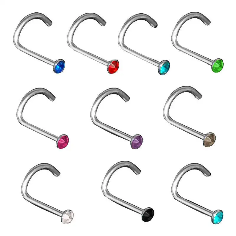 10PCS/pack Stainless Steel Nose Screw Stud Rings Random Color Mixing Rhinestone Crystal Gem Nose Piercing Bars 20G