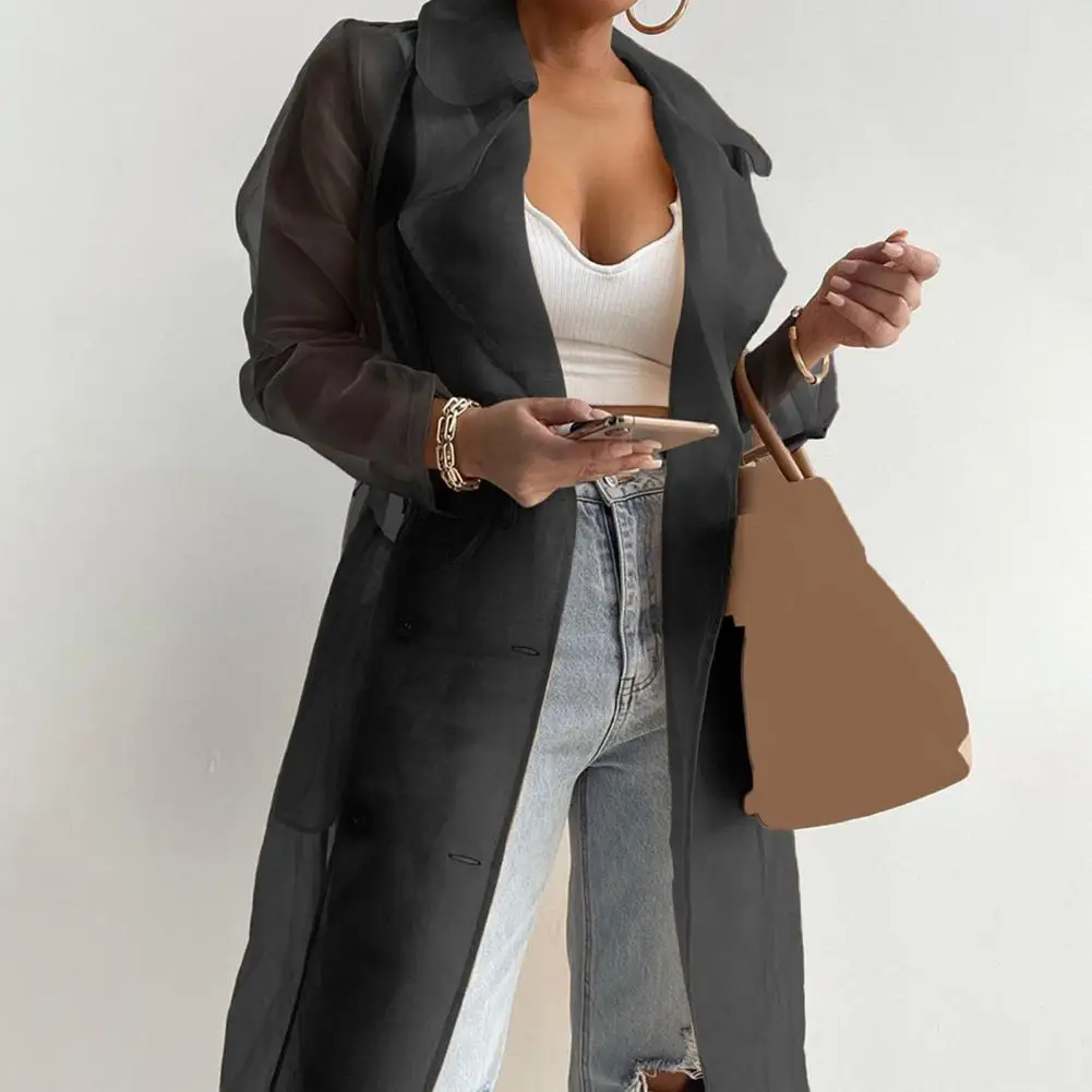 2023 Women Mesh Trench Coat Fashion See Through Jacket Summer Lace-up Sunscreen Shirt Net Yarn Long Shirt Thin Coat With Belt