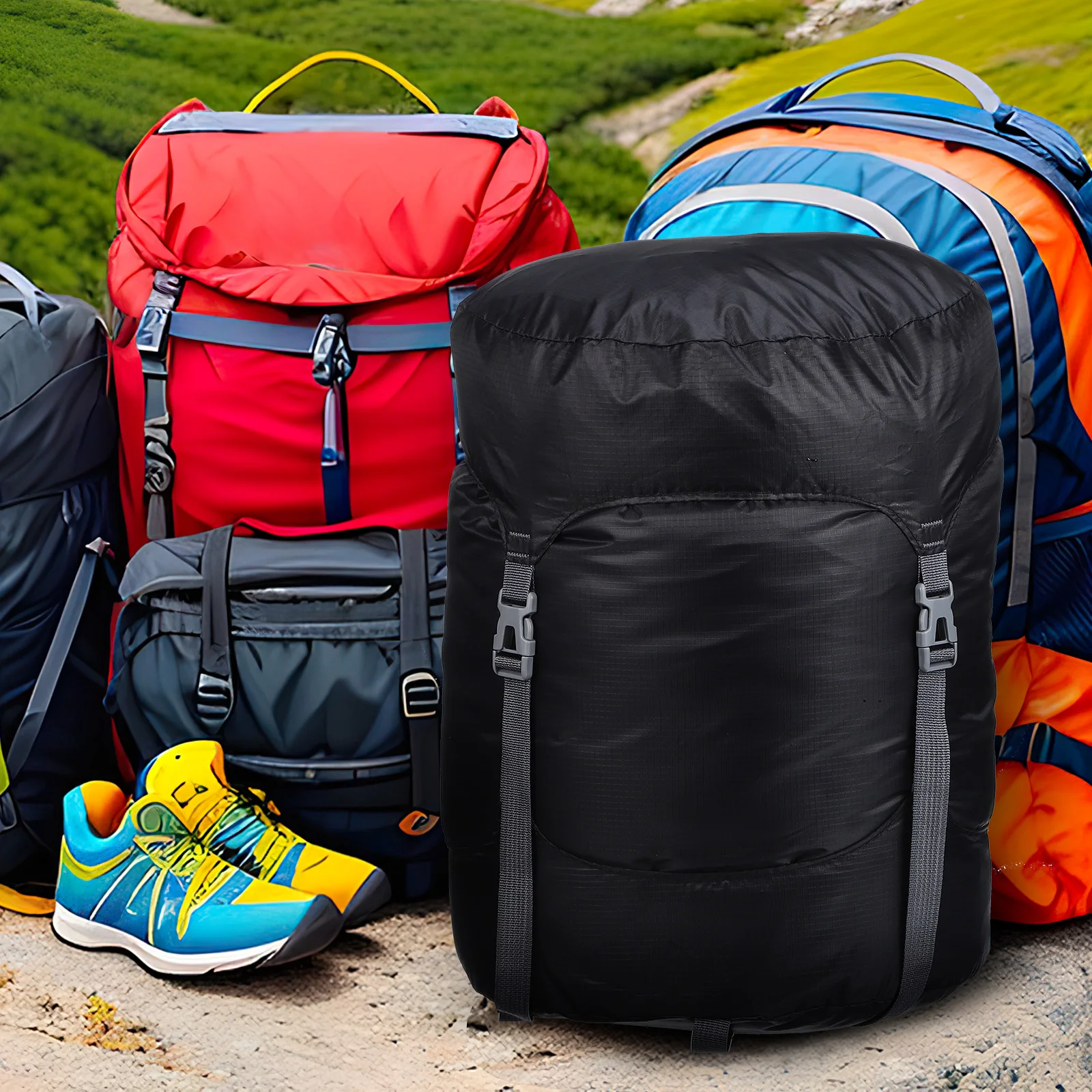 

Travel Compression Bags Drawstring Sleeping Stuff Sack Large Capacity Sturdy Polyester Adjustable Buckle for Backpacking Camping