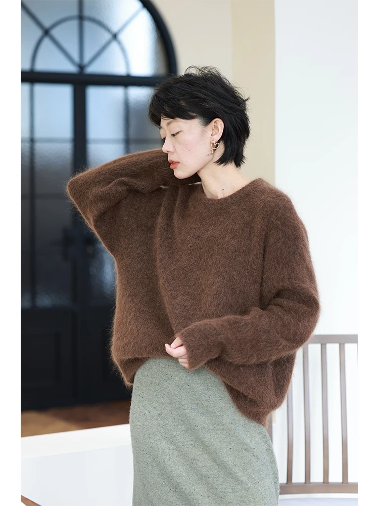 

Свободный вязаный свитер Lazy Sle Camere, женский круглый пуловер Ne, теплое зимнее новое поступление, карамельно-коричневый, удобная посадка