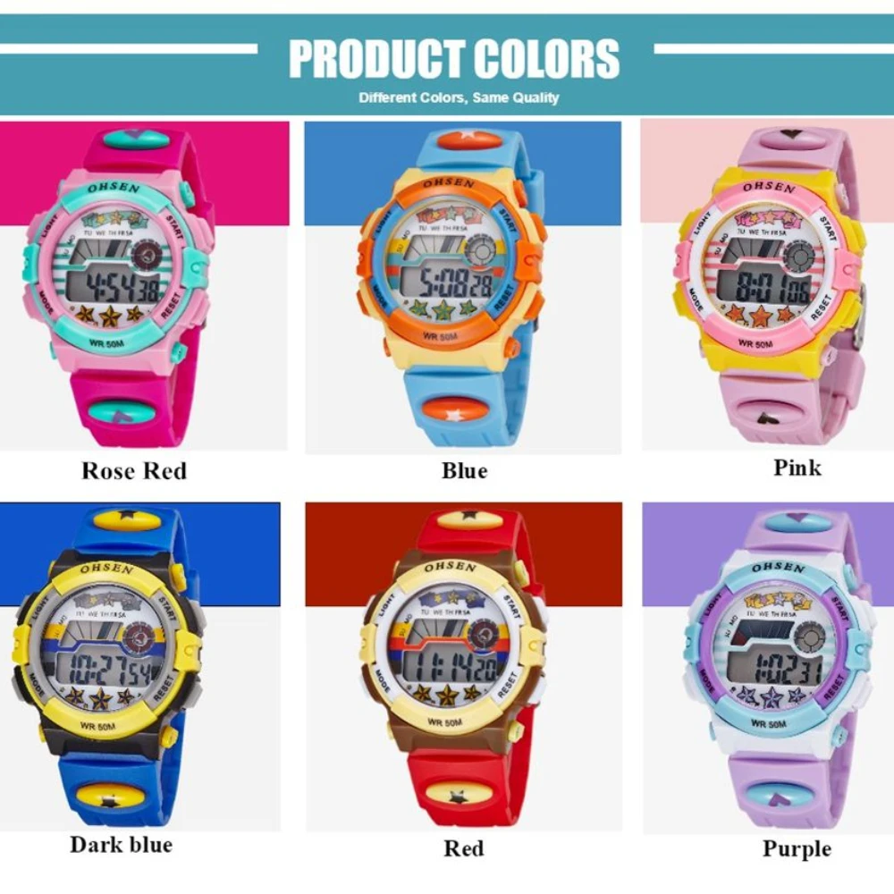 

Kids Sport Watches 50M Waterproof Rose Red Cartoon Digital Wristwatch Stopwatch Electronic LED Children Watch For Boys Girls