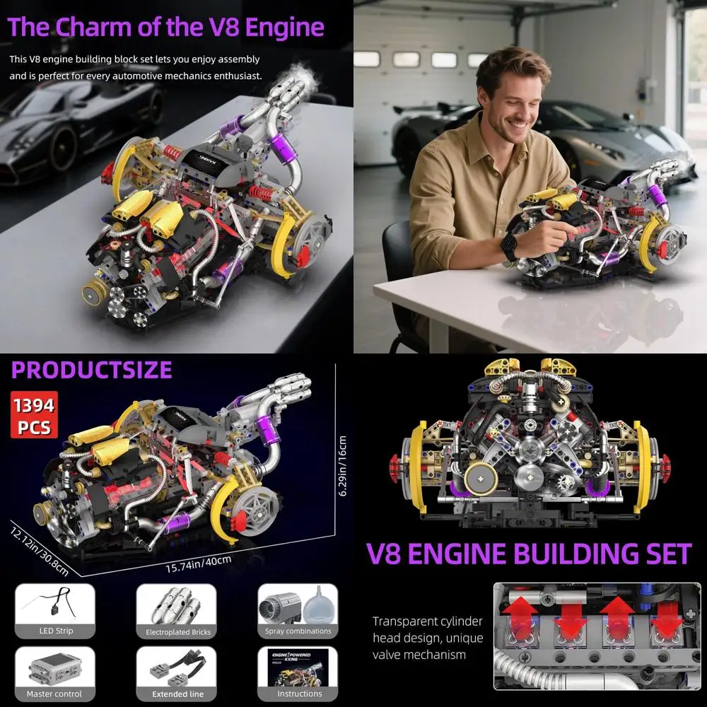 DIY V8 Engine Model Kit with 1394 Pieces, Functional & Illuminated, STEM Toy for Ages 8-14