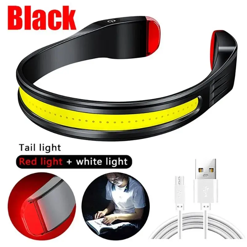 Rechargeable Headlamp 3 Light Modes Lamp With Tail Red and White Light COB Wide Angle Lighting for Outdoor Running Camping Work