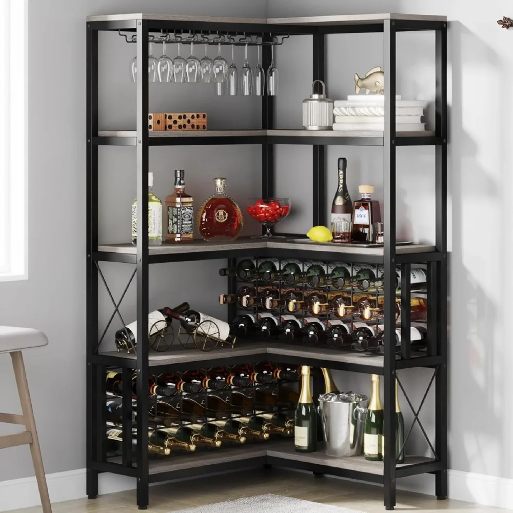 

Large Corner Wine Rack, 5-Tier L Shaped Industrial Freestanding Floor Bar Cabinets for Liquor and Glasses Storage, Wine Bar