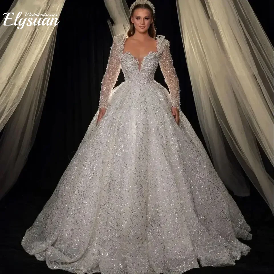 Customized Sweetheart Neck Long Sleeve Wedding Dresses  Pearls Ball Gown Dubai Sparkly Bridal Vestido De Noiva