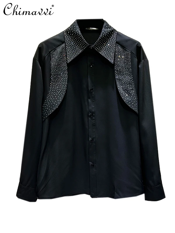 2025 Autumn New Fashion Light Luxury High-end Heavy Rhinestone Shirt Men's Unique Design Long Sleeve Loose Handsome Shirt Top