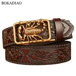 BOKADIAO Men Genuine Leather Belt Luxury Scorpion Metal Automatic Buckle Cowhide Belts for Men Jeans Waistband Male Strap Black