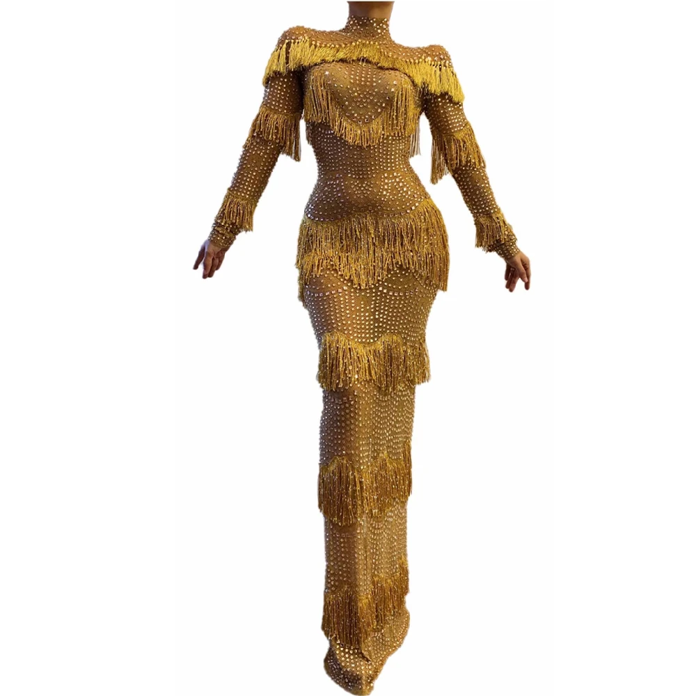 Bar Ballerino latino Abiti da cantante Lusso con frange dorate Strass Manica lunga Abiti lunghi fino al pavimento Abito da donna per festeggiare il compleanno