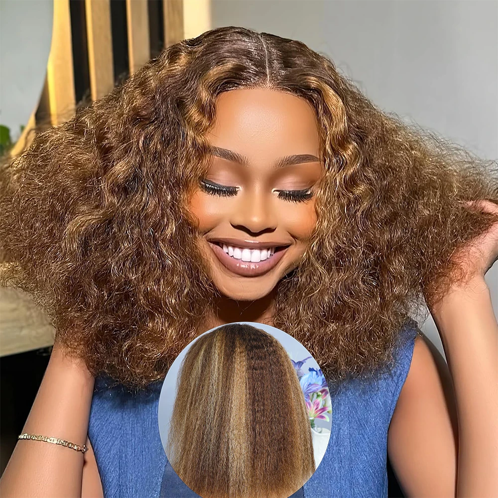 Yaki Straight Transparent Lace Frontal Human Hair Wigs Kinky Straight Lace Front Wigs 4/27 Short Brown Blonde Human Hair Bob Wig