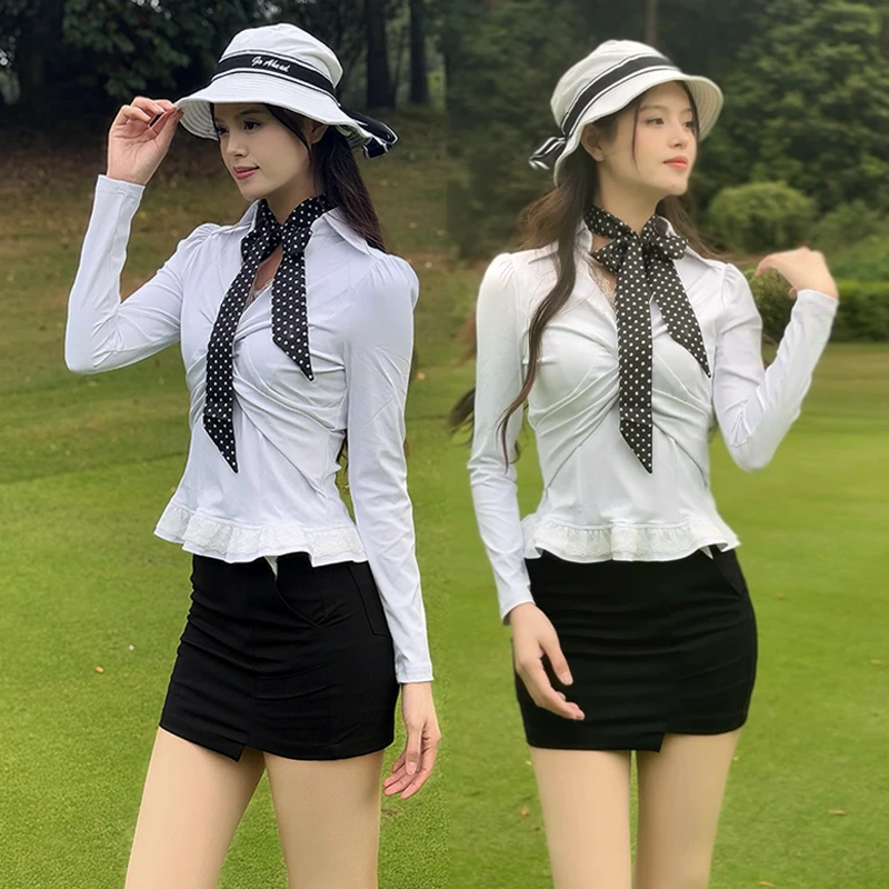 SG Golf Women V-neck Shirts Ruffle Lace Long-sleeved Slim Top Twisted Sexy T-shirts Spring Ladies High Waist Tennis Pencil Skirt