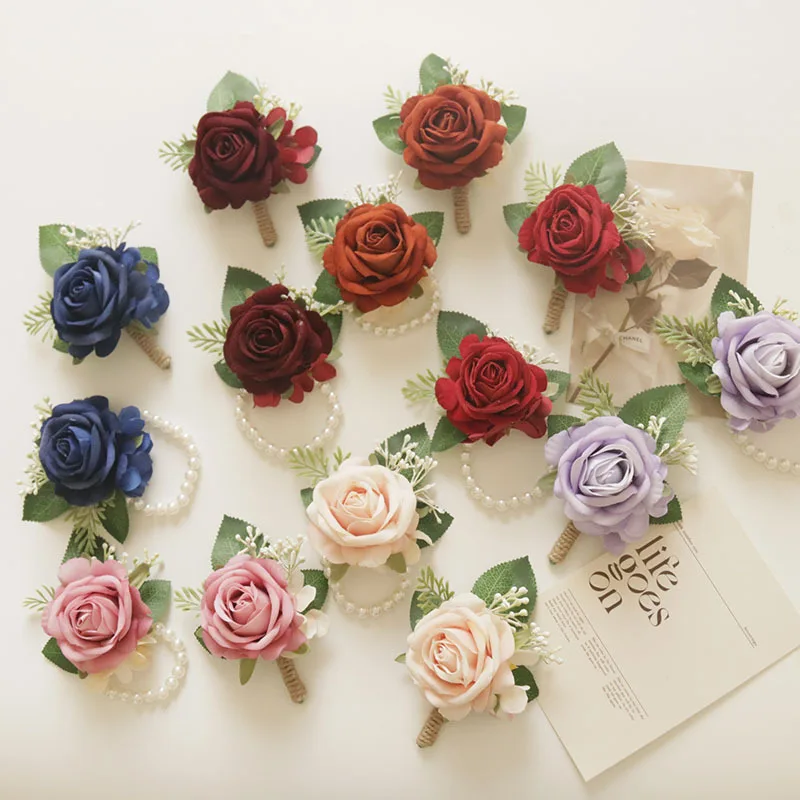 

Yannew 6pcs Rose Corsage and Boutonniere Set Blue Pink Artificial Wedding Bride Homecoming Flowers Prom Suit Accessories for Men