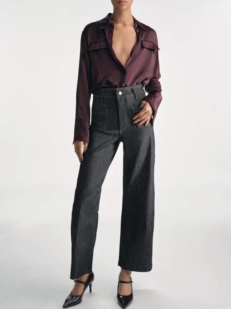 Spring New Women's High Waist Straight Leg Jeans Versatile Loose Fit Waed Effect Denim Long Pants Faionable Ladies' Jeans