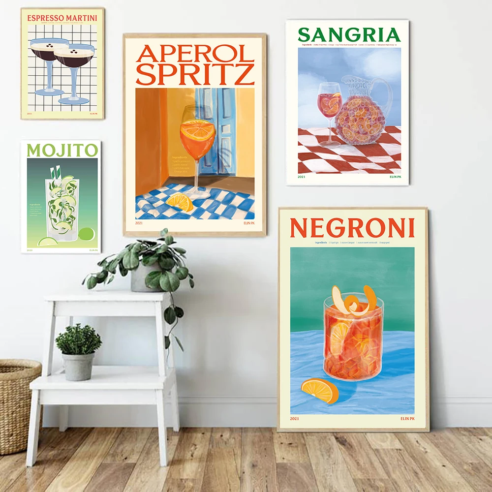 Pósteres de Aperol Spritz de zumo de fruta de dibujos animados e impresión de bebida Sangria Negroni, pintura en lienzo, Club