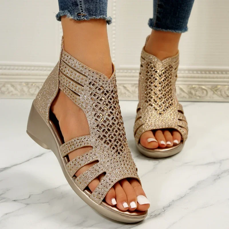 Fashion Rhinestone Wedge Sandals Women  Summer New Elegant Ladies Rome Shoes Hollow Sandals Female Black Casual Sandalias