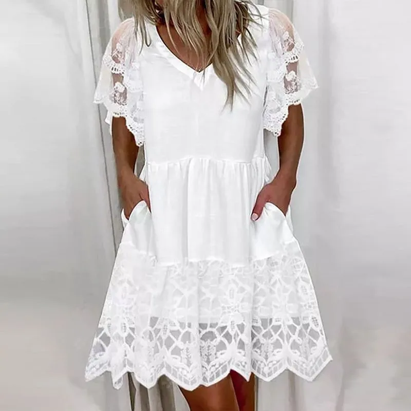 Weißes Spitzen-Patchwork-Kleid für Damen, Sommer 2022, lässiges V-Ausschnitt, kurzärmeliges A-Linien-Kleid, modische Boho-Strandkleider