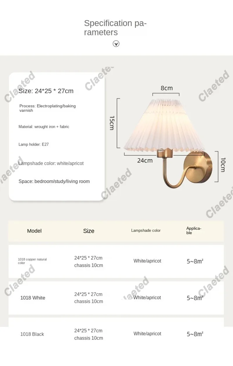 Nordic Retro Plissado Lamp Cloth Lampshade Luz de parede para quarto, Corredor, Escadas, Hotel, Parede simples RoomRetro, Bedside Lamp