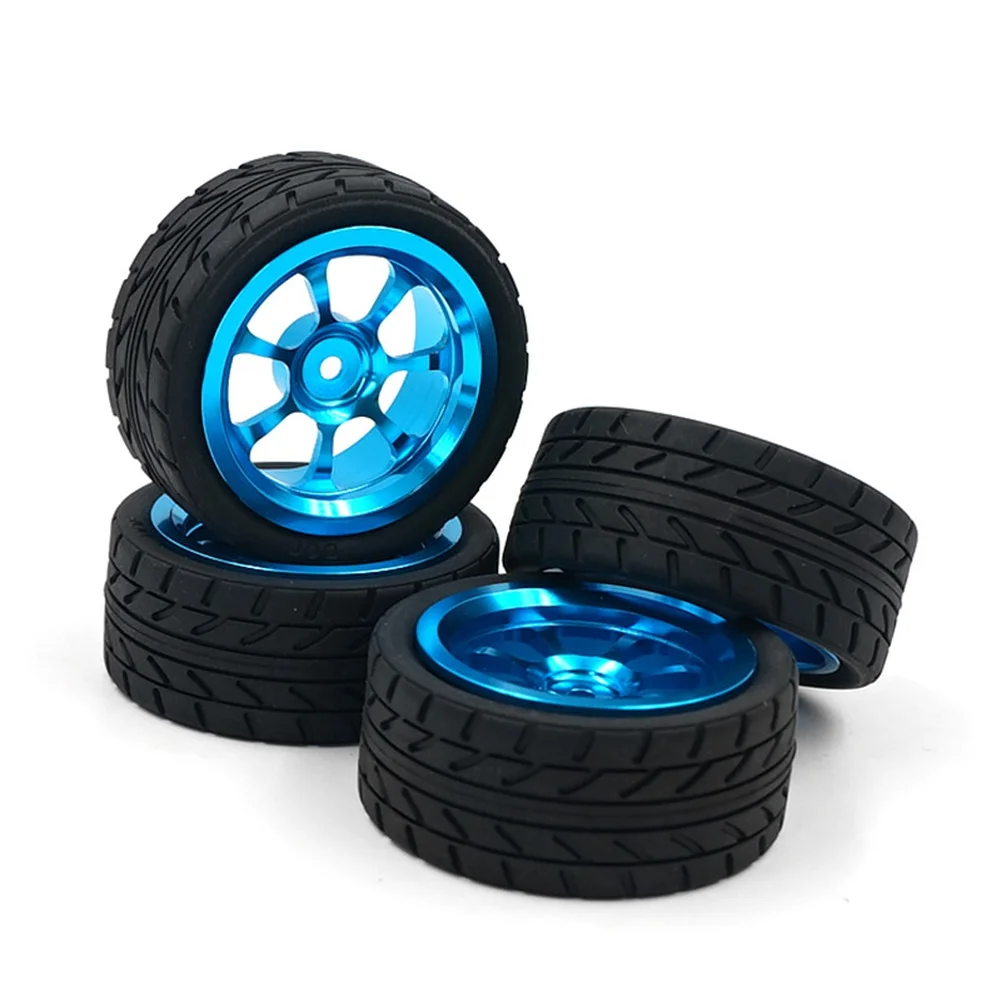 1:18 Scale Metal Alloy Wheel Hub Upgrade Kit For WLtoys RC Car With 7 To 12mm Coupling Adapters – Set Of 4 Wheels With Blue Fini