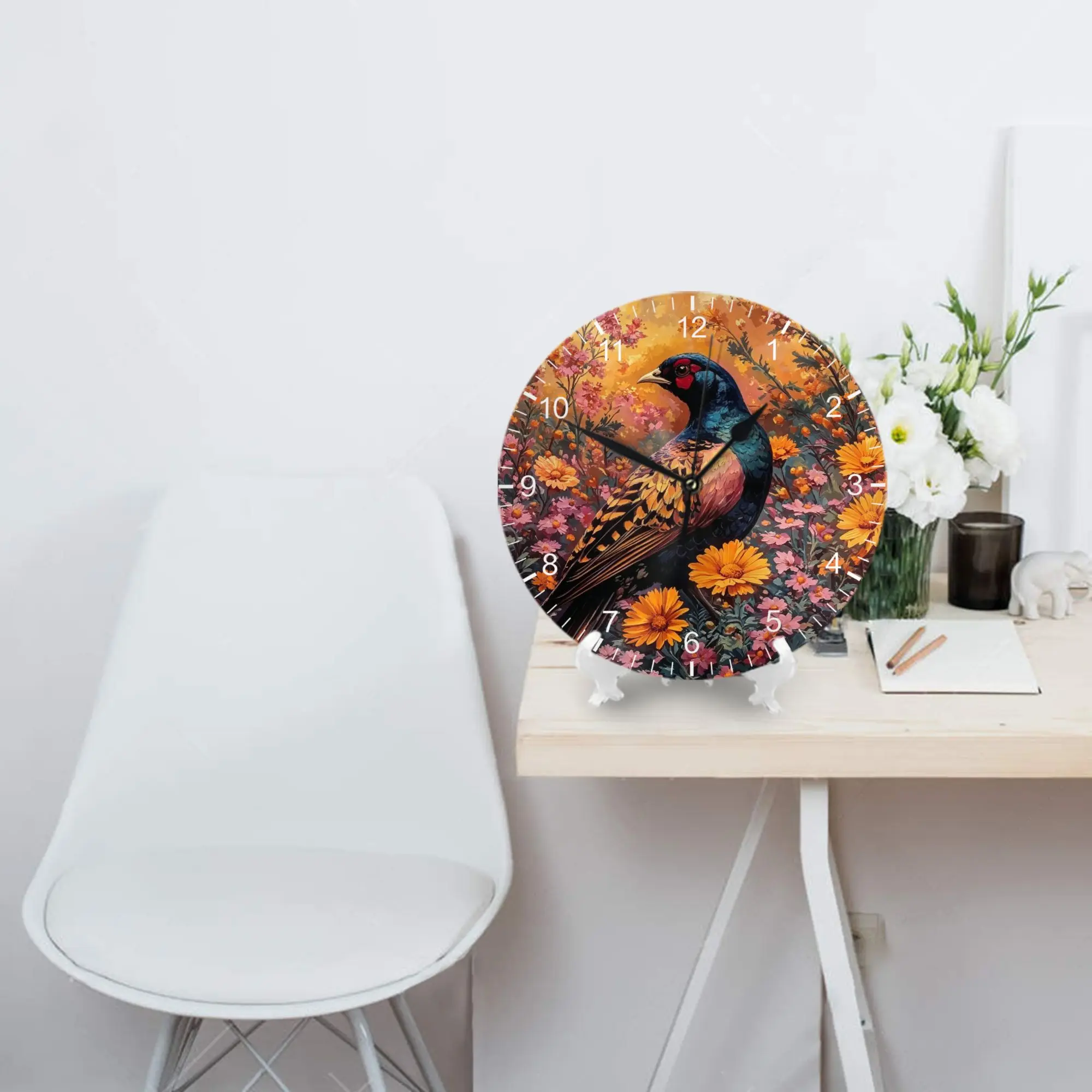 Round Wall Clock Silent Non-Ticking Pheasant and Flower Print Eco-Friendly Battery Operated Decorative Clock