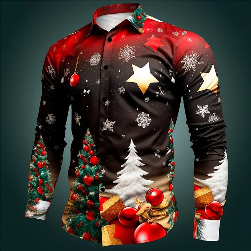 

3D Printed Reindeer Snowman Hawaiian Shirts Men Stars Santa Claus Pattern Aloha Shirts Casual Loose Long Sleeve Blouse Lapel Top