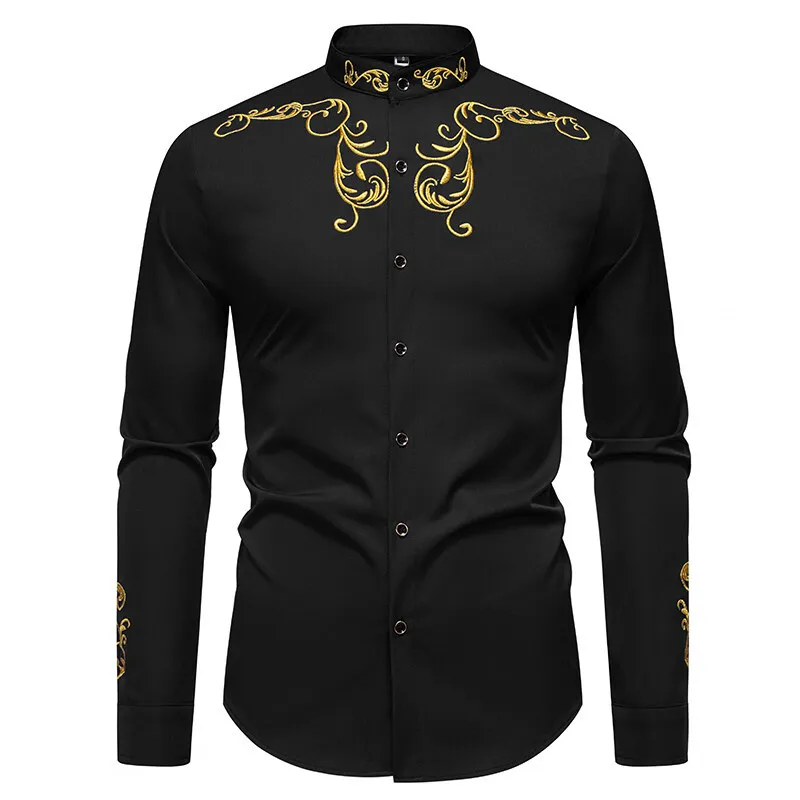 2025 Cross-border European Court Style Men's Embroidered Henry Long-sleeved Shirt European and American Fashion Casual Shirt